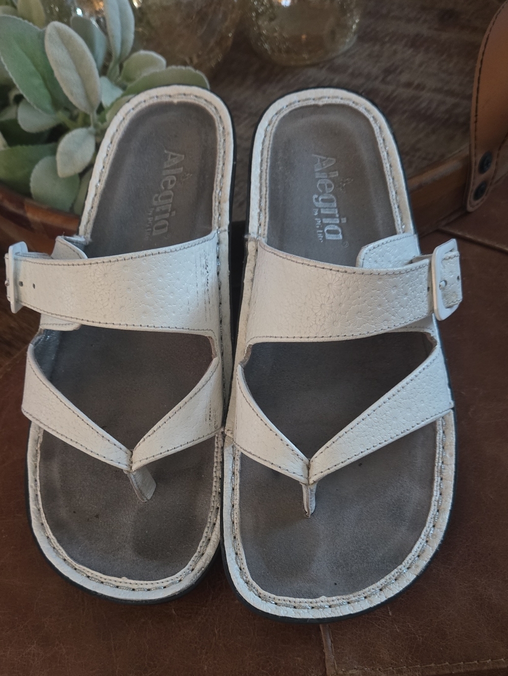 Alegria White Leather Toe-Post Slide Sandals